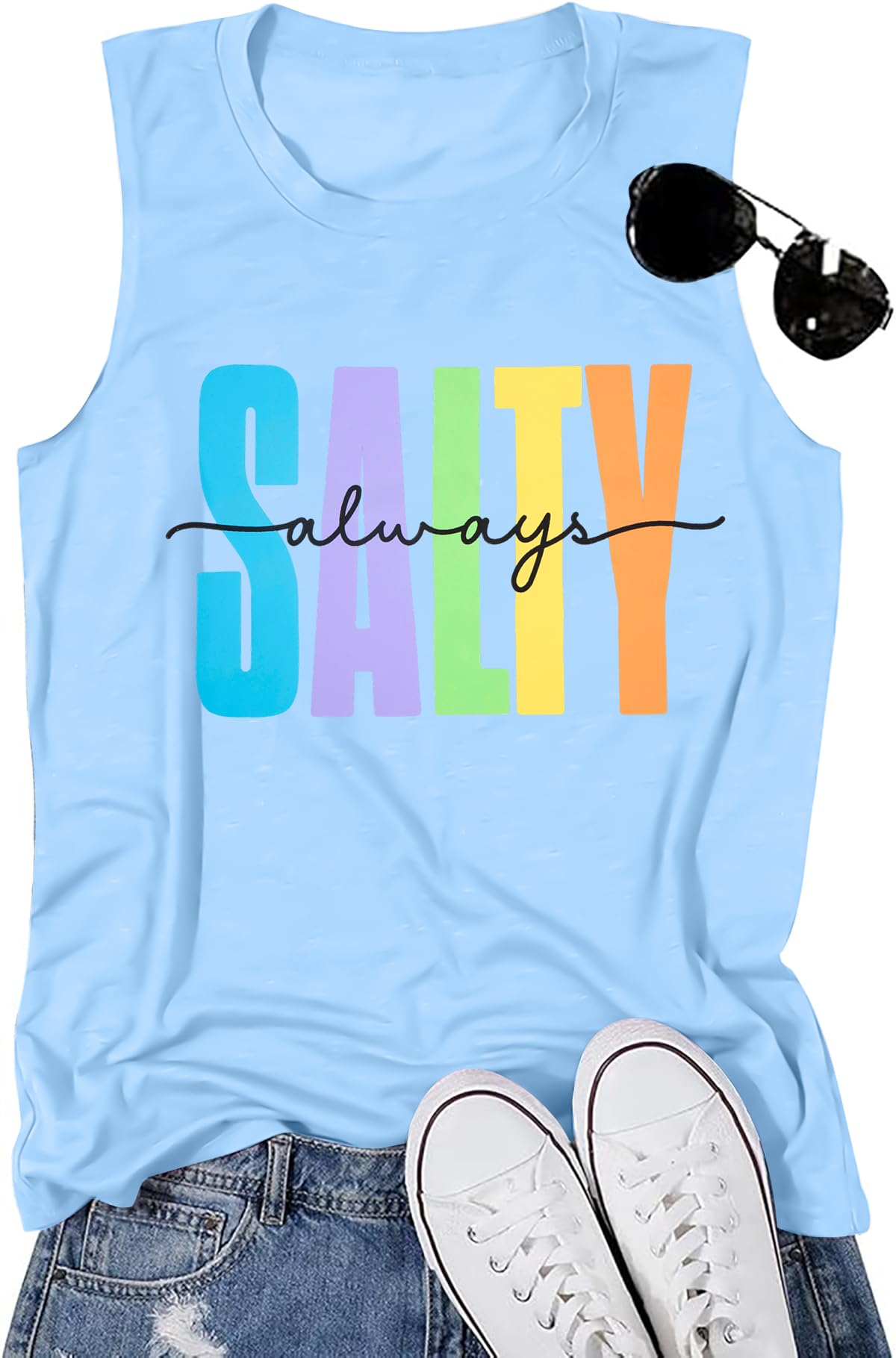 Photo 1 of *2 pack* Salty Always Tank Top Women Beach Tanks Hawaiian Sleveless Vest Tops Summer Graphic Tanks Vacation Tops Workout Light Blue, S