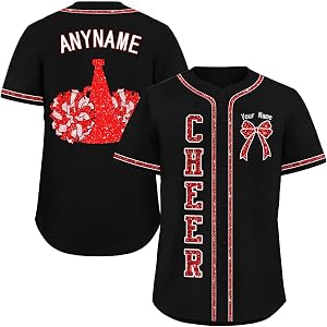 Onegam Custom Cheer Baseball Jersey, Glitter Sparkly Print Cheerleading Softball Shirts Y2K Cheerleader Teams Outfit