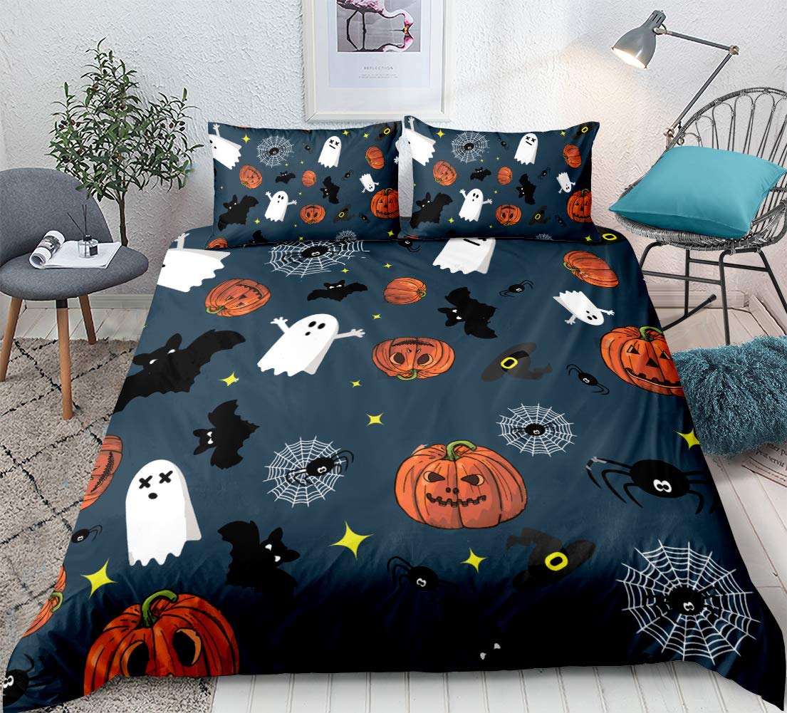 Pumpkin Bedding Kids Halloween Duvet Cover Set Lovely Jack O Lantern and Ghosts Pattern Boys Girls Bedding Sets Queen (90x90) 1 Duvet Cover 2 Pillowcases (Halloween, Queen)