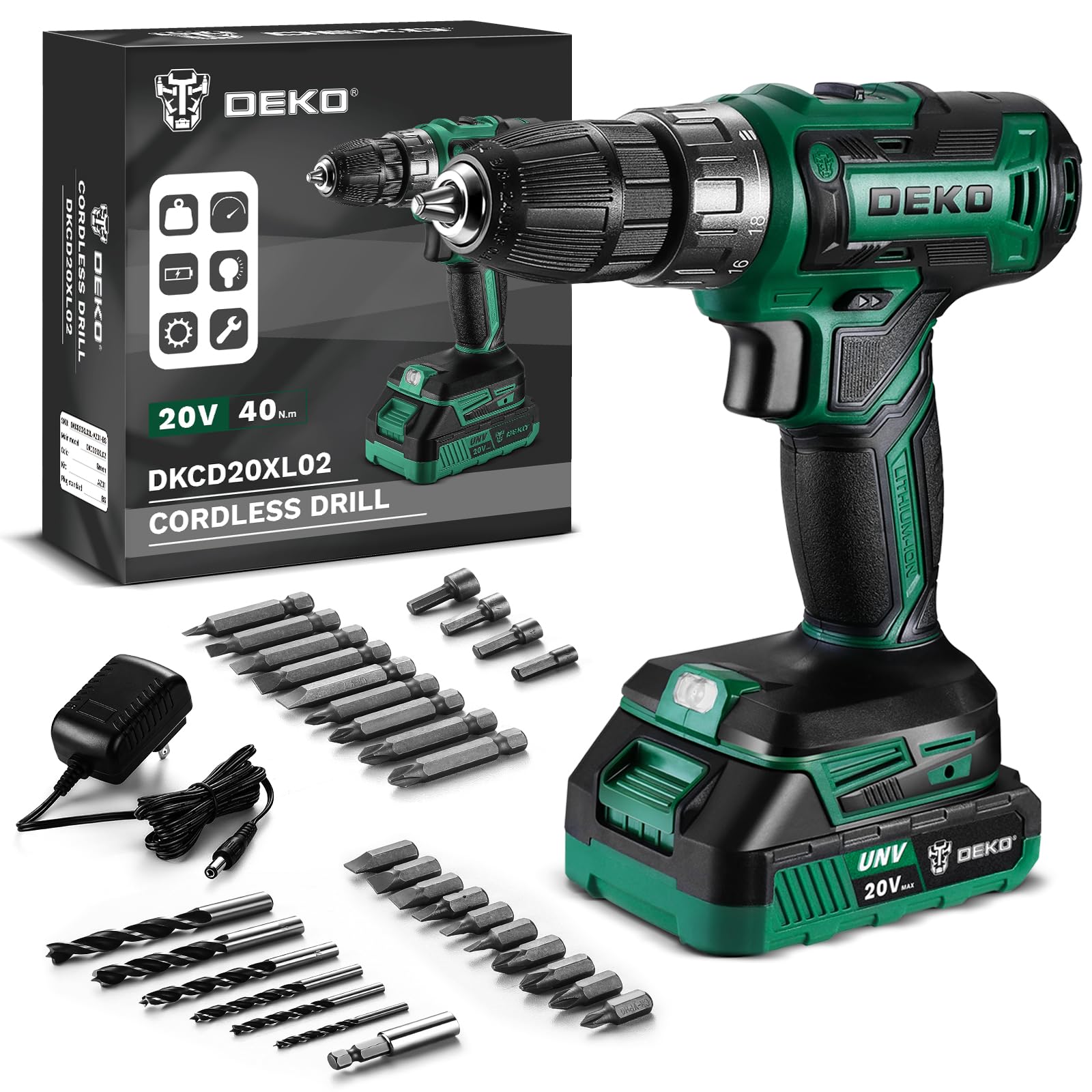 Power Drill Cordless: DEKO PRO Cordless Drill 20V Electric Power Drills Set Tool for Women with Battery and Charger 20 Volt Drills Driver Kit Green Image