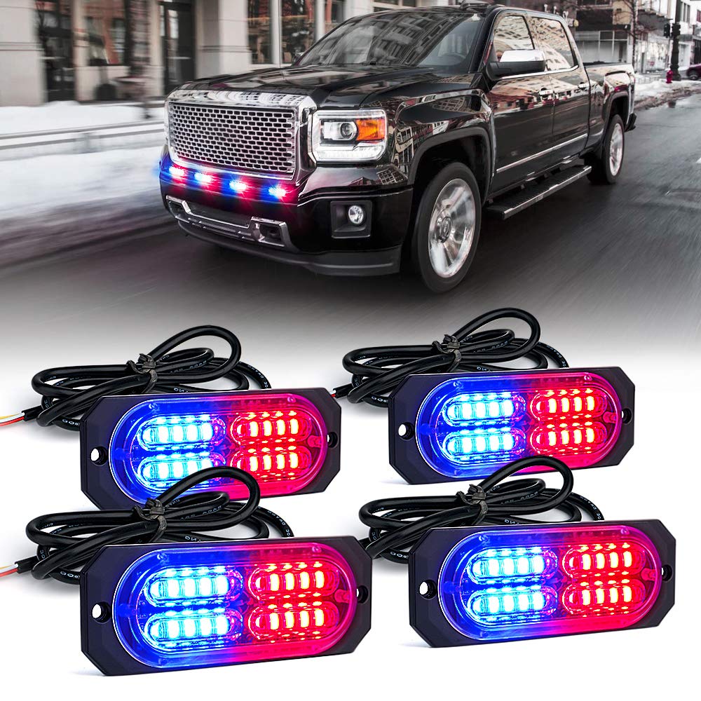 Xprite Red Blue 20 LED Surface Flush Mount Grille Emergency Strobe Lights Kit Deck Dash Grill Side Marker Warning Hazard Flashing Police Light for Firefighter Vehicles Cars SUV ATV Truck Pickup 4PCS