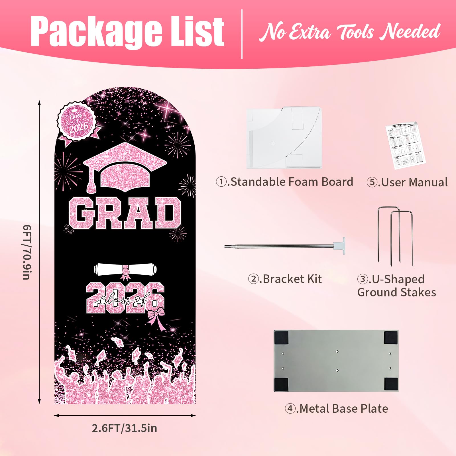 Condition photo showing New/Like New for graduation decorations - 6ft arch backdrop with stand set, no-tip stability class of 2026 foam board photo booth background for kindergarten high school college grad party celebration - pink pink backdrop (only)