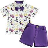KtwHarnu Toddler Baby Boy Mardi Gras Outfit Button Down Short Sleeve Shirt Top and Shorts Set Summer Gentleman Outfits