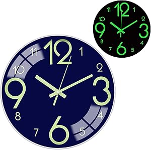 BECANOE Night Light Function Wall Clock Sapphire Blue 12 Inch Silent Non Ticking Quartz Battery Operated Round Easy to Read Home/Kitchen/Office/School Decorative Clocks