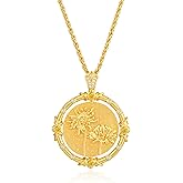 MTMY Birth Flower Necklaces for Women 14K Gold Plated Birth Flower with Birthstone Chunky Reversible Rotatable Disc Pendant Necklaces Jewelry