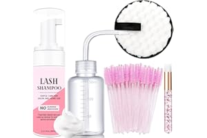 AREMOD 50ml Eyelash Extension Cleanser, Lash Shampoo for Lash Extensions 50pcs Eyelash Brush Cleaning Brush Makeup Remover Pad and Rinse Bottle for Lash Cleaning for Salon Home Use（Pink）