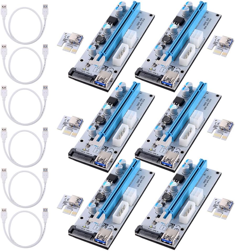 PCI-E Riser 1x to 16x Powered Riser Adapter Card 6 Pack USB 3.0 Extension Cable 60cm VER 008s PCI-E to SATA Power Cable-GPU Riser Adapter Bitcoin Mining Rig
