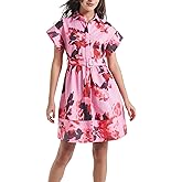 D-Sun Women Button Down Shirt Dress V-Neck Floral Printed Short Sleeve Mini Dress Casual Belted Short Party with Pocket