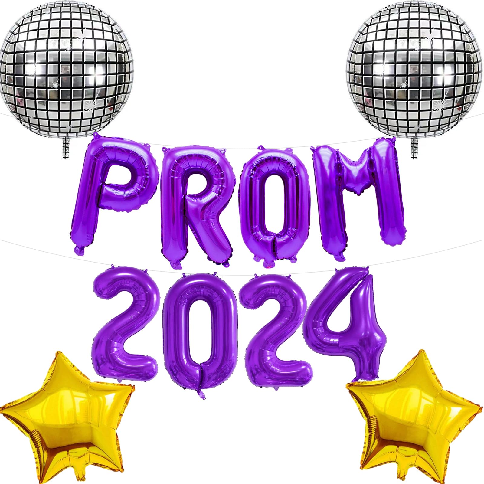 Elicola Prom 2024 Balloons Banner with 2Pcs Star and Prom Disco Ball Foil Balloons Backdrop for High School College Grad Graduation Class of 2024 Party Decorations,Purple — image 1