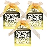 Morbanner Laser Cut Wedding Favor boxes Party Lace Candy Box Small Gift Boxes with Ribbon, Mini Candy Boxes for Event Bridal Shower Anniversary Birthday Christmas, Gold (50 Pcs)