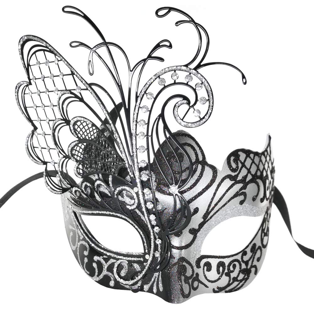 Ubauta Sliver/Black Butterfly Rhinestone Metal Venetian Women Mask for Masquerade/Mardi Gras Party/Sexy Costume Ball/Wedding