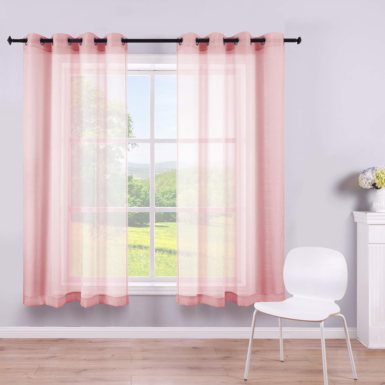 Pink Sheer Curtains 45 Inch Length for Girls Room 2 Panels