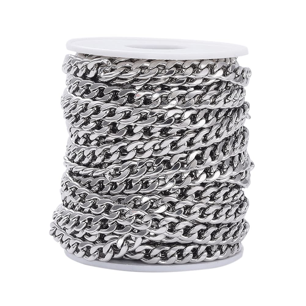 Cheriswelry 32.8 Feet Flat Curb Chains Cuban Chains 6mm Stainless Steel Punk Miami Cuban Chain Roll for DIY Hip Hop Jewellery Bracelets Necklaces Making