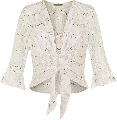 Neu Damen Übergröße Spitze Krawatte Bolero Top Pailletten Ausgestellt 3/4 Ärmel Gerafft 12-26