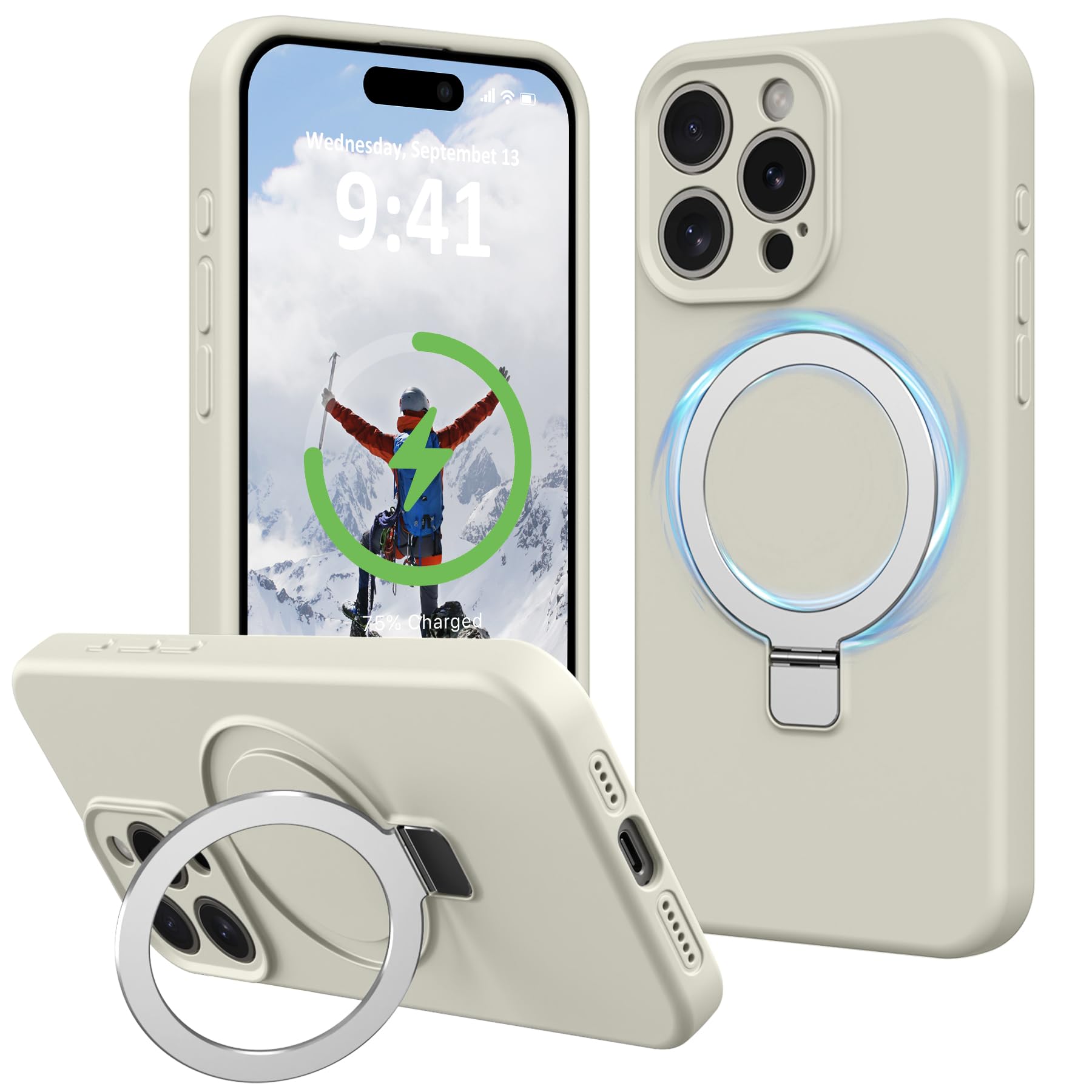 Photo 1 of Vanxiliiy Compatible with iPhone 13 Pro Case with Stand, Full Camera Protection Slim Liquid Silicone Phone Cases Fit for iPhone 13 Pro Compatible with MagSafe Magnetic Ring Kickstand Case 6.1", White