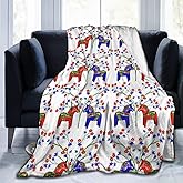 Comfy Soft Floral Swedish Dala Horses Throw Blanket, Sherpa Flannel Fleece Home Blanket Wearable Blanket, Queen Size Blankets for Bedroom Living Rooms Sofa Couch, 40"x50"
