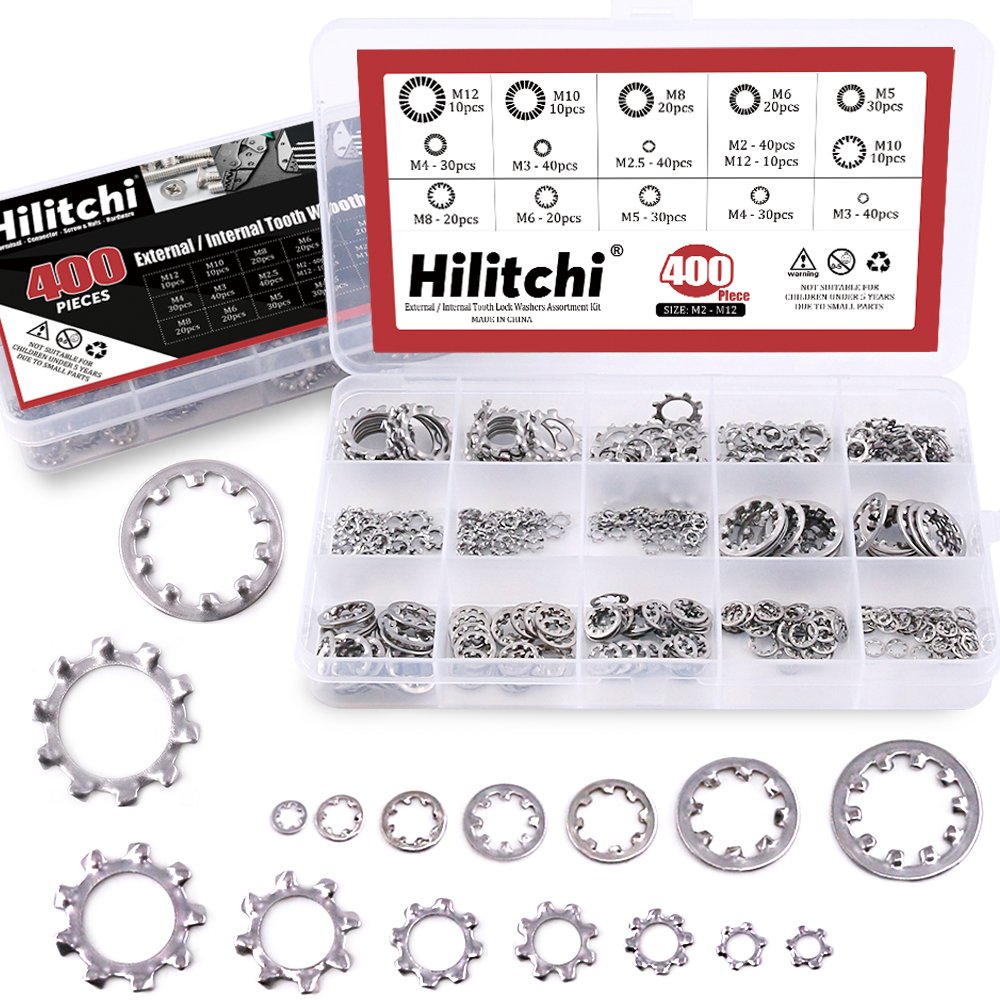 Hilitchi 400-Pcs [8-Size] 304 Stainless Steel External Internal Tooth Star Lock Washers Assortment Kit - Included: M2 M3 M4 M5 M6 M8 M10 M12