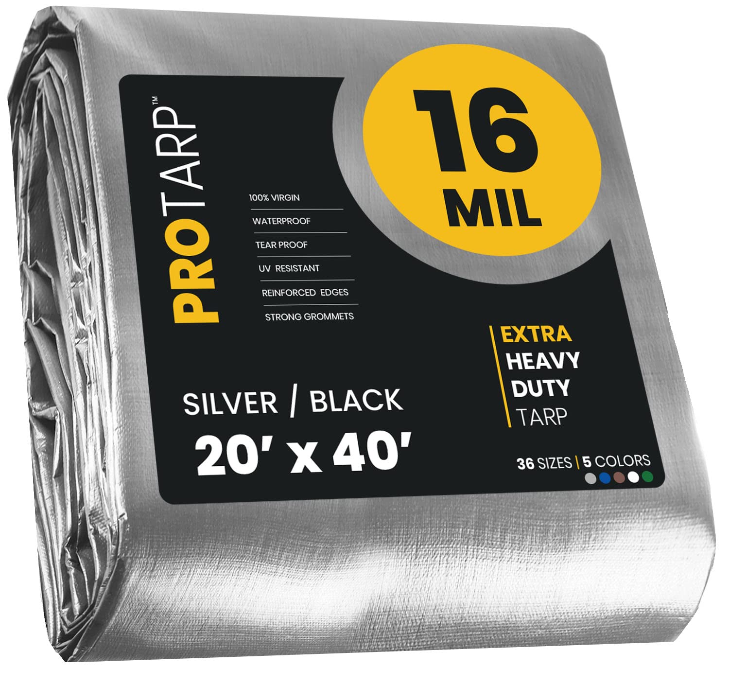 PROTARP Extra Heavy Duty 16 Mil Tarp Cover, Waterproof, UV Resistant, Rip and Tear Proof, Poly Tarpaulin with Reinforced Edges for Roof, Camping, Patio, Pool, Boat. (Silver/Black 20′ X 40′) Image