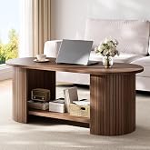 OneBlis 42" Oval Fluted Coffee Table, 2-Tier Center Table with Large Storage, Mid-Century Modern Wood Coffee Table for Living Room, Home Office, Small Space, Walnut