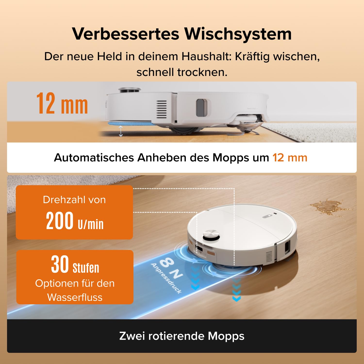 roborock Qrevo Edge 2 Set Saugroboter mit Wischfunktion&Hebarem Wischmopp, 25.000 Pa, Anti-Tangle, ultraflach 7,98 cm, 80 °C Heißwasser-Moppwäsche, FlexiArm-Technologie, AI-Hinderniserkennung(Weiß) 3