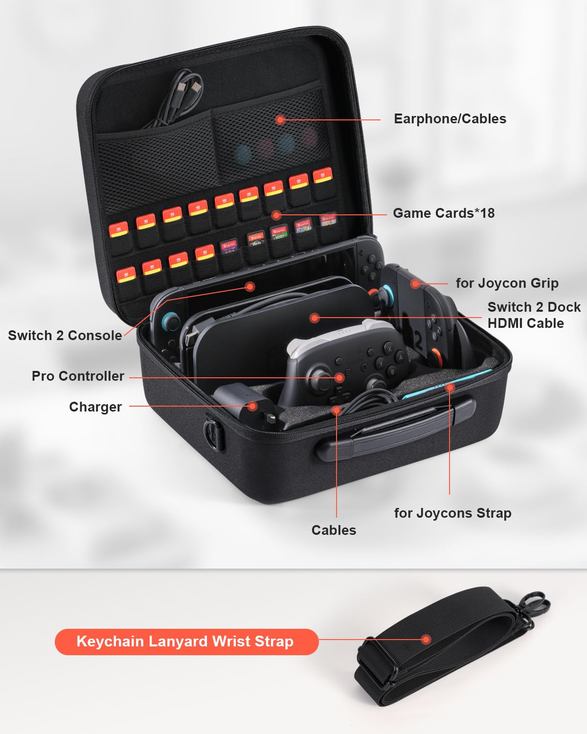 Groß Tasche Kompatibel mit Nintendo Switch 2 (2025), Deluxe Harte Tragetasche mit Taschen für Zubehör und Spielkarten, Portable Switch 2 Schutzhülle Hülle für Konsolle und Andere Zubehör, Schwarz 7