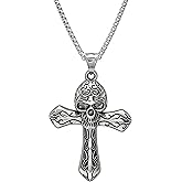 AOOMO Men's Skull Pendant Cross Necklace, Vintage Metal Cross Necklace with Stainless Steel Chain