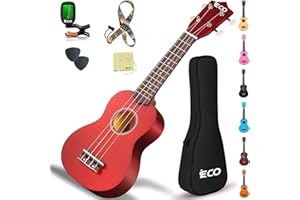 iECO Soprano Ukulele Beginner Kit for Kids Adults 21 Inch Ukelele w/Case Strap Tuner Strings Picks (Mahogany)