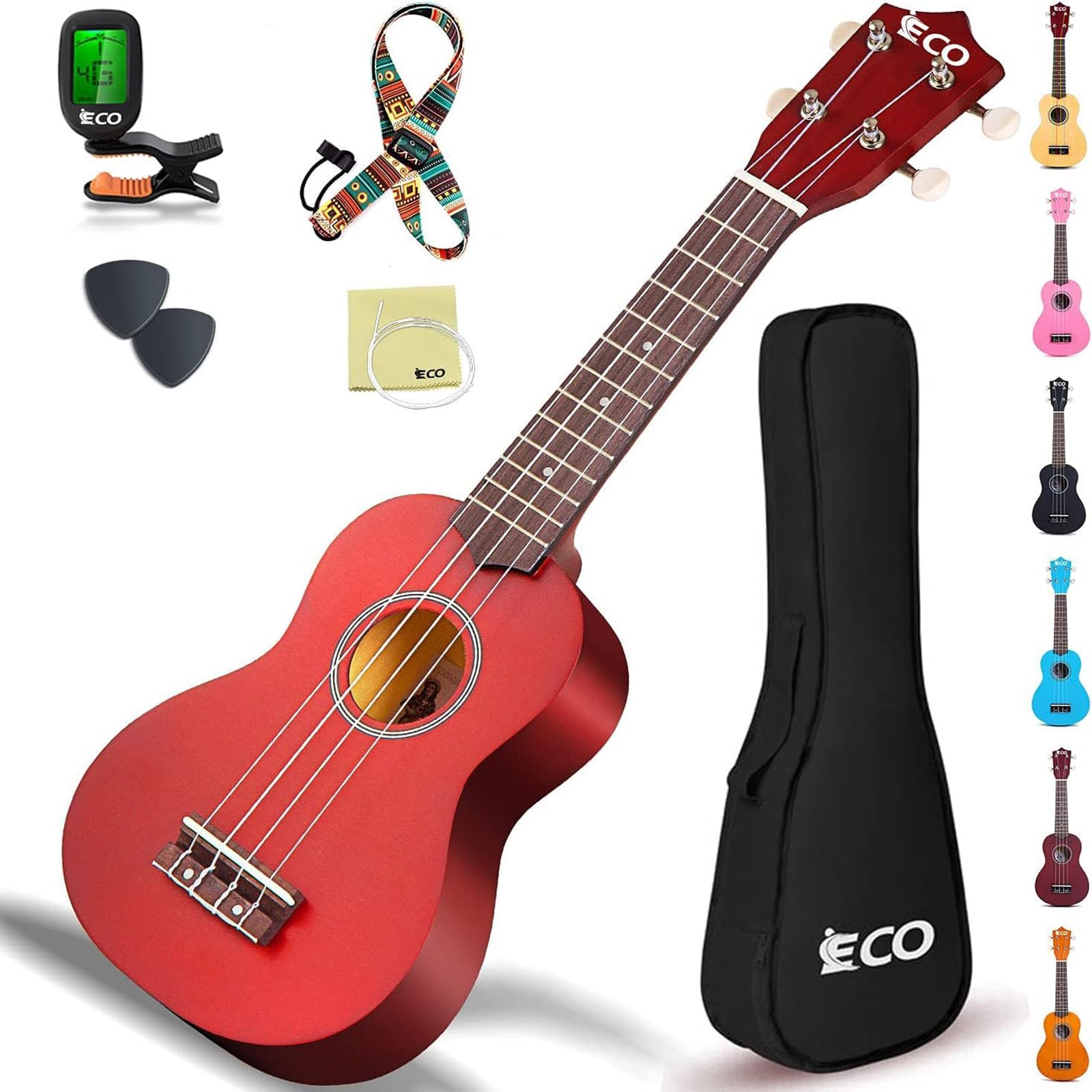 iECO Soprano Ukulele Beginner Kit-21In w/How to play Songbook Carrying bag Digital Tuner All in One Set