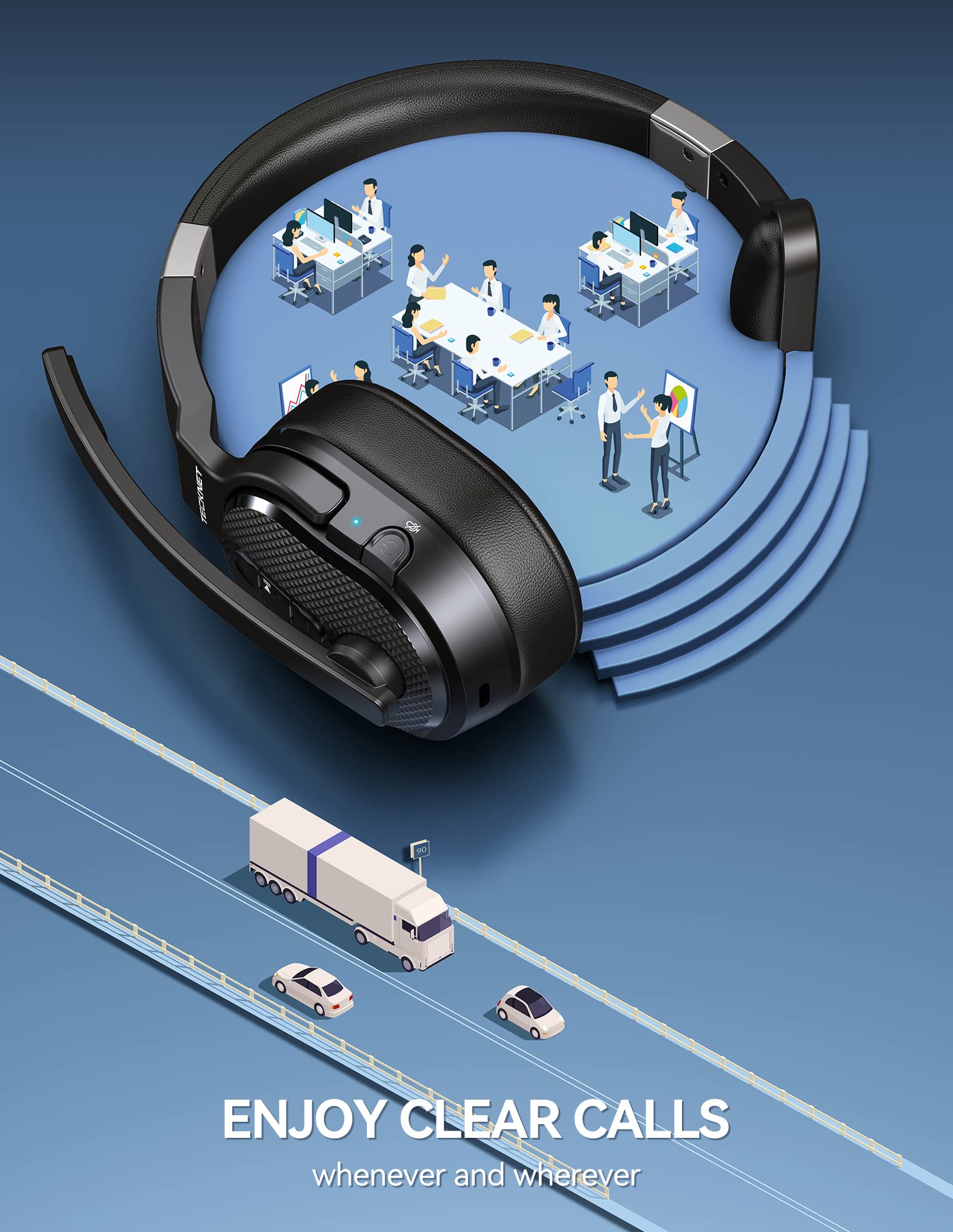 TECKNET Trucker Bluetooth Headset, AI Noise Canceling 70h Wireless Headphones Bluetooth with Microphone & Dongle, ENC Headset with Mute for PC Phone Laptop Office Home, All Day Comfort