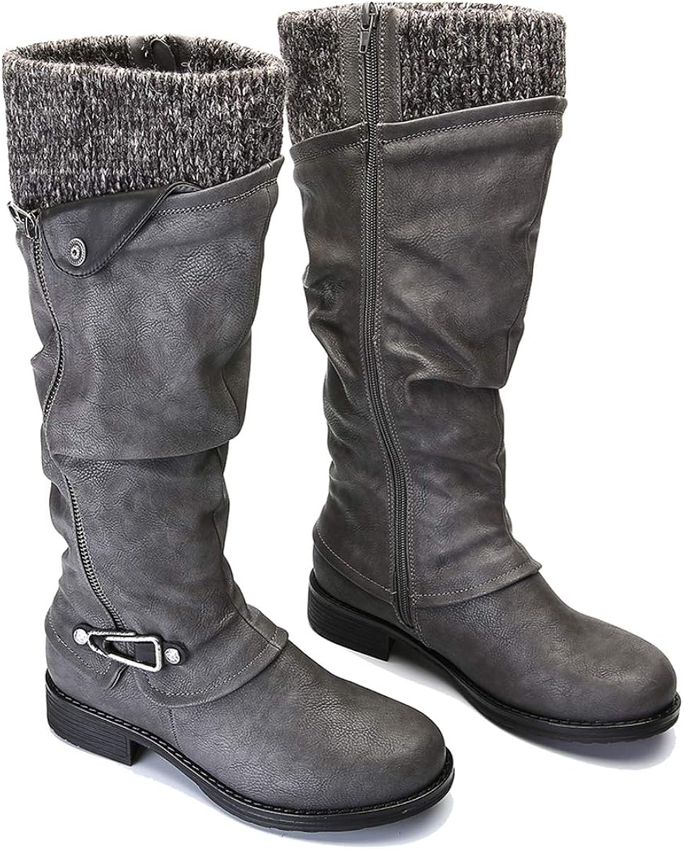  | gracosy Leather Knee Boots, Women's Knee High Boot Flat Heel Zipper Buckle Riding Boots | Knee-High