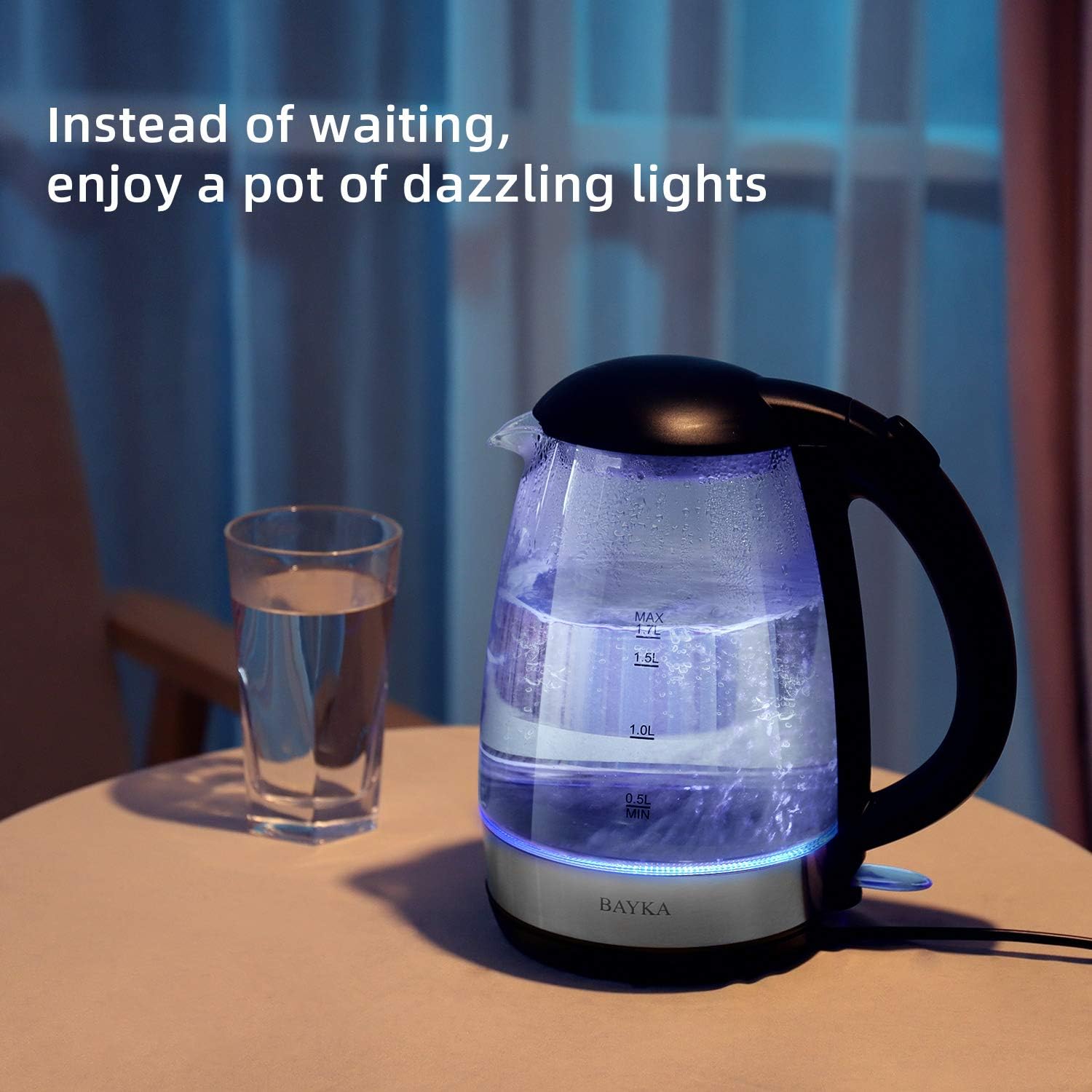 BAYKA Electric Kettle, 1.7L Tea Kettle with LED Indicator, Cordless Hot Water Glass Kettle for Coffee, Tea, Beverages Featuring Auto Shut-Off & Boil-Dry Protection: Kitchen & Dining