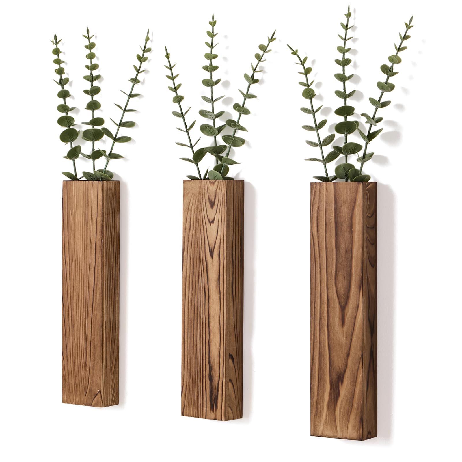 Photo 1 of Mokof 3 Pack Wooden Wall Planters with Fake Eucalyptus Stems, Modern Farmhouse Wood Vases Plants Wall Decor for Living Room, Bedroom, Bathroom (Dark Brown)