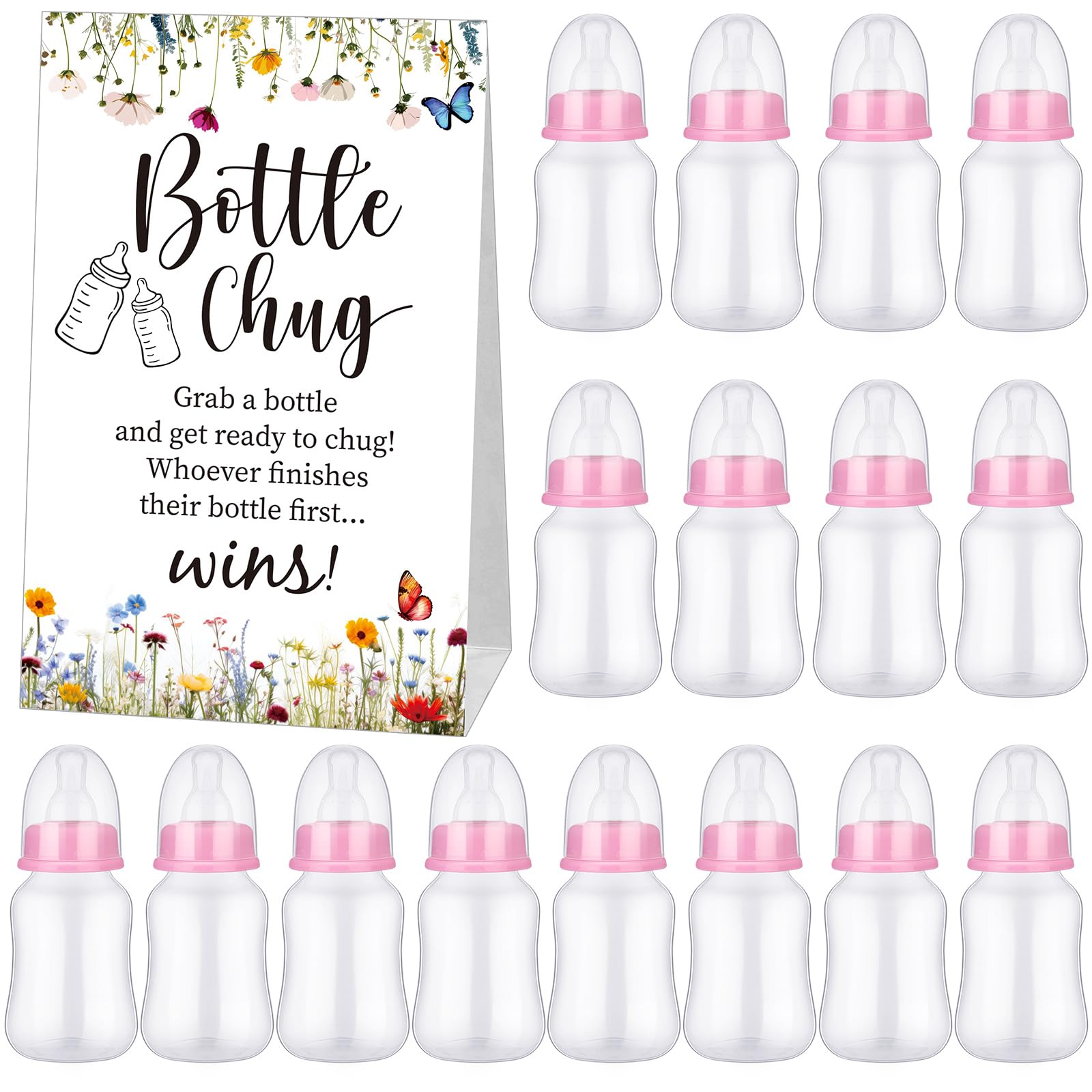 Photo 1 of TrelaCo Bottle Chug Baby Shower Game Sign 20 Pcs Baby Bottles Shower Favor Plastic Greenery Flowers Bear Elephant Butterfly Gift Set for Gender Reveal Party (Wildflower, Pink)