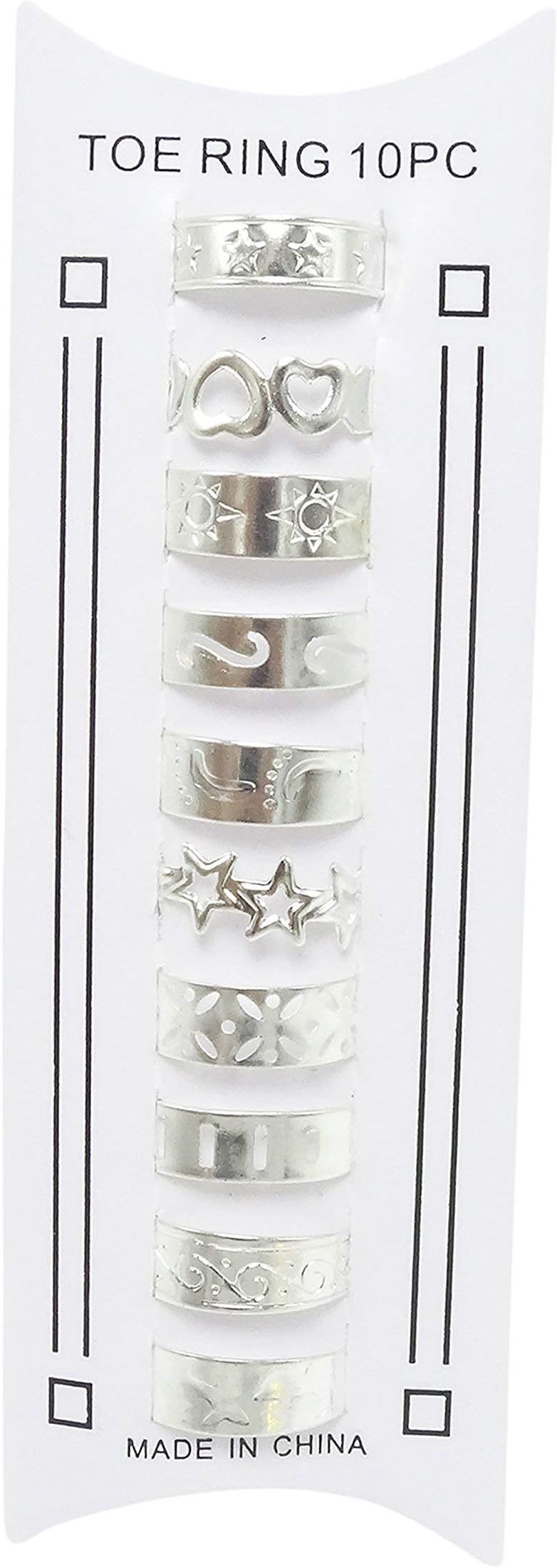 Set of 10 Assorted Silver Tone Metal Toe Rings