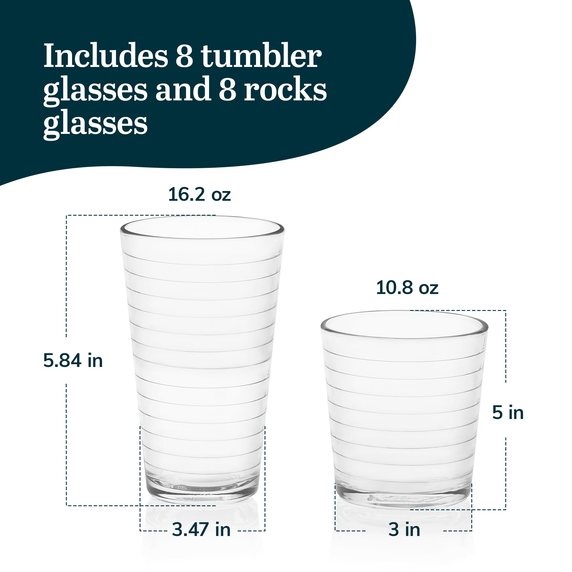 Libbey Hoops Tumbler and Rock Glass Set, Two Sized Nostalgic Retro Glass Cups Set, Dishwasher Safe Glasses Drinking Set of 16 for Any Occasion