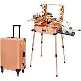 Tense Edano Aluminum Trolley Makeup Train Case with LED Lights Professional Cosmetic Organizer Studio with Speaker, Wheels and Stands Rolling Lighted Makeup Vanity Station for Travel (Rose Gold)