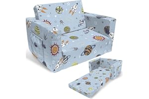 fond + found Kids Sofa Couch,Toddler Children 2-in-1 Convertible Sofa to Lounger, Comfy Flip-Out Couch/Sleeper, Rocket Outer Space Chair, Bed for Boys Girls