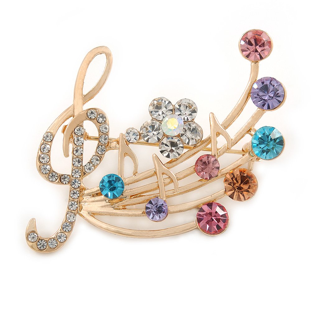 Gold Plated Multicoloured Crystal Musical Notes Brooch - 45mm L