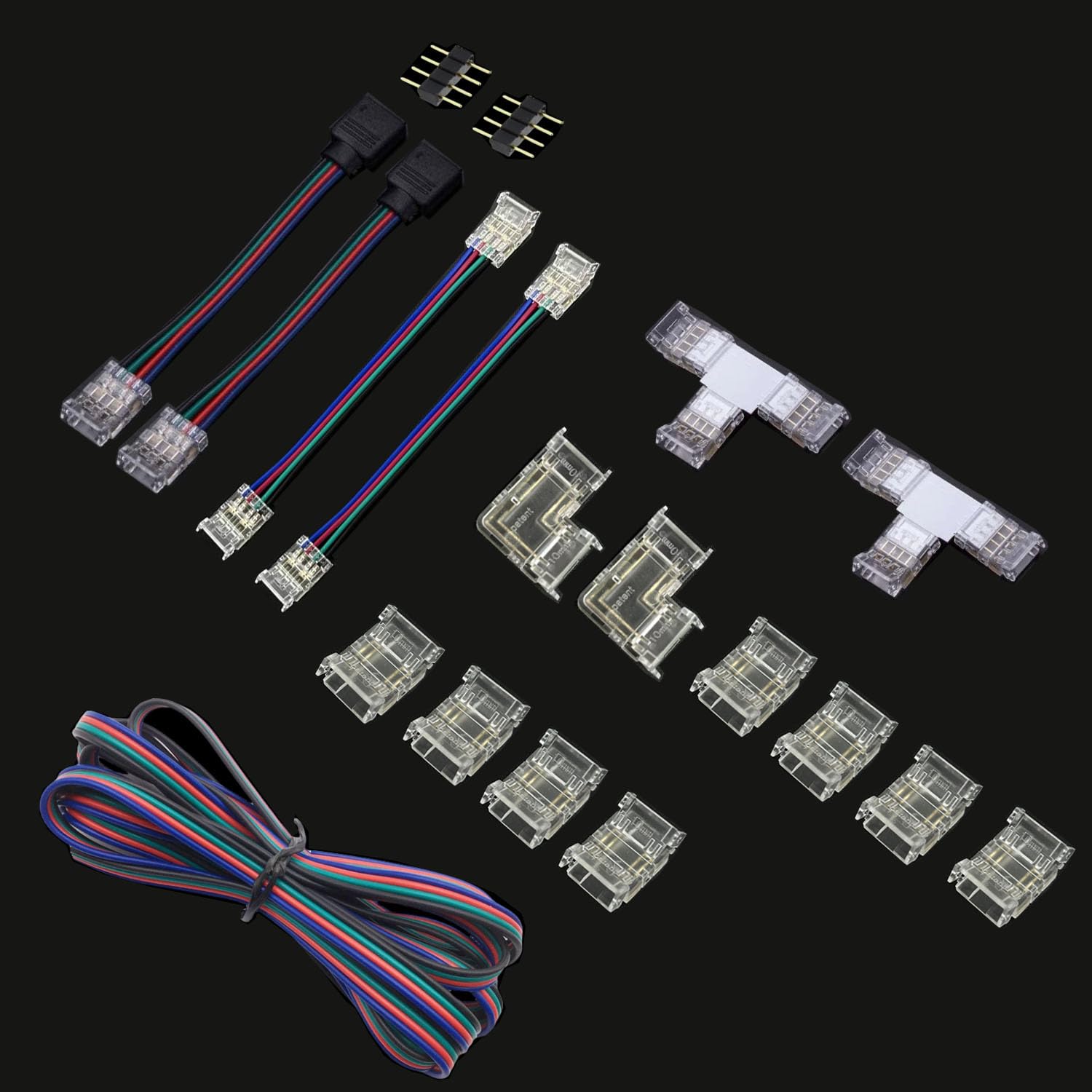 ENQIMAOYI 4 Pin 10mm LED Connectors for COB RGB LED Strip Lights kit included Transparent Gapless Connectors,L T type Connectors,Dual Ends Extension Connectors,5M Extension cable (4PIN 10MM COB KIT)