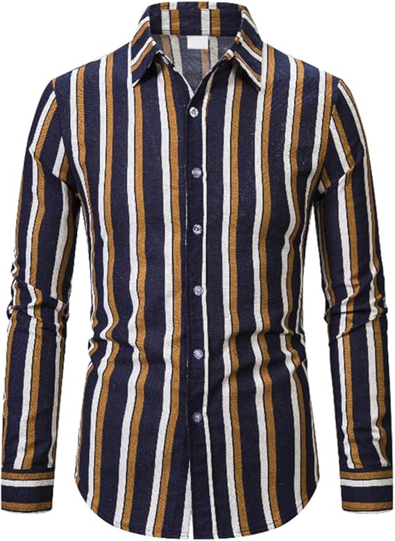 Men's Casual Business Long Sleeve Button Down Vertical Striped Dress