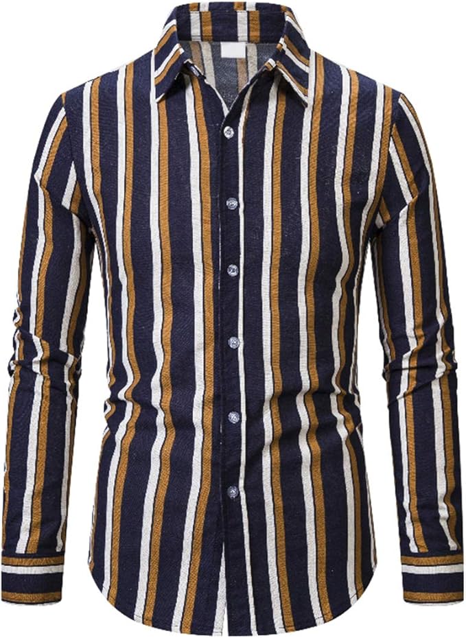 Men's Casual Business Long Sleeve Button Down Vertical Striped Dress