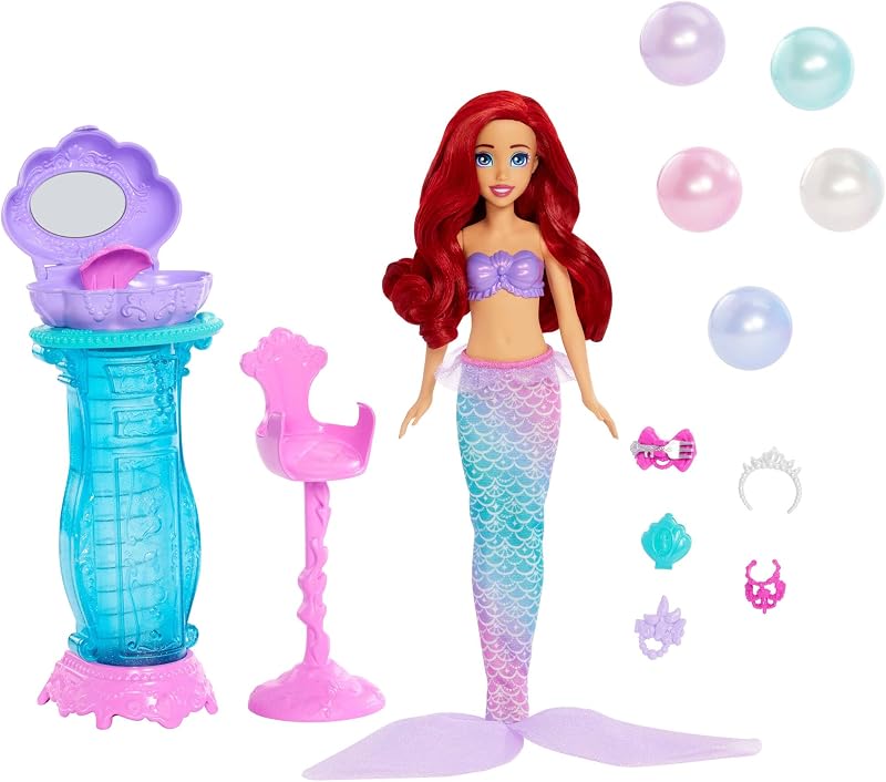 Mattel Disney Princesses Ariel com boneca de sereia desdobrável Vanity Fashion com cauda removível e penteadeira com cinco surpresas repetíveis e cinco acessórios, JBF86