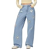 chouyatou Women's Y2k Baggy Wide Leg Denim Pants Hollow Out Flower Boyfriend Mid Rise Barrel Jeans with Pockets