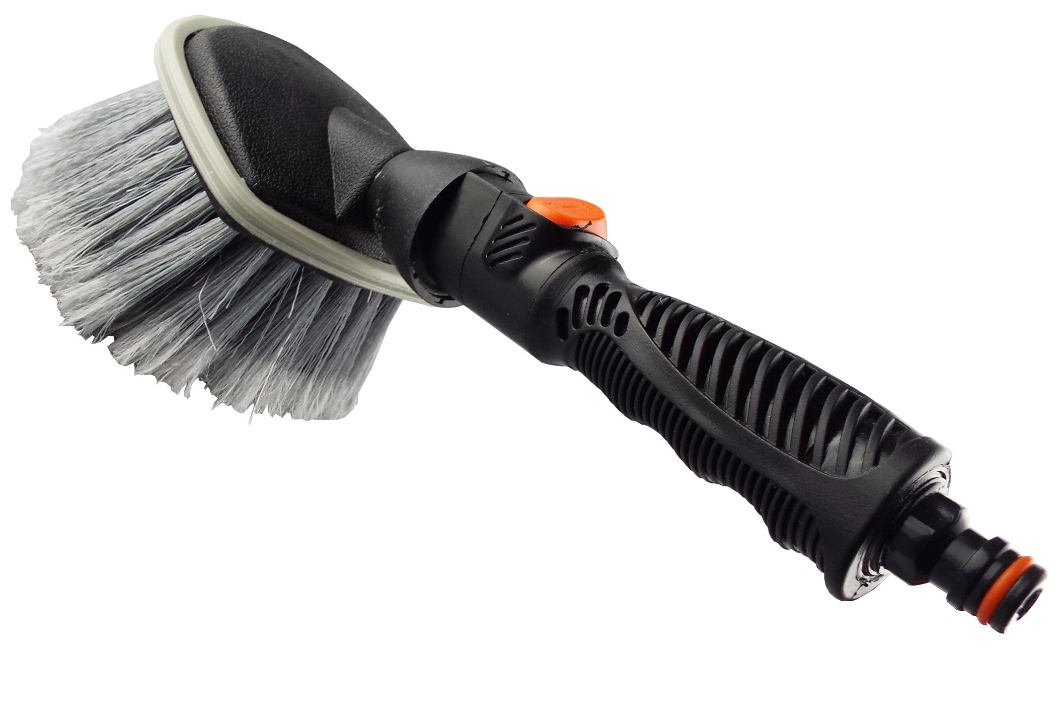 Car Wheel Brush with Hose Connection and On/Off Valve - Super Soft, Round Head, Non-Slip Grip Handle