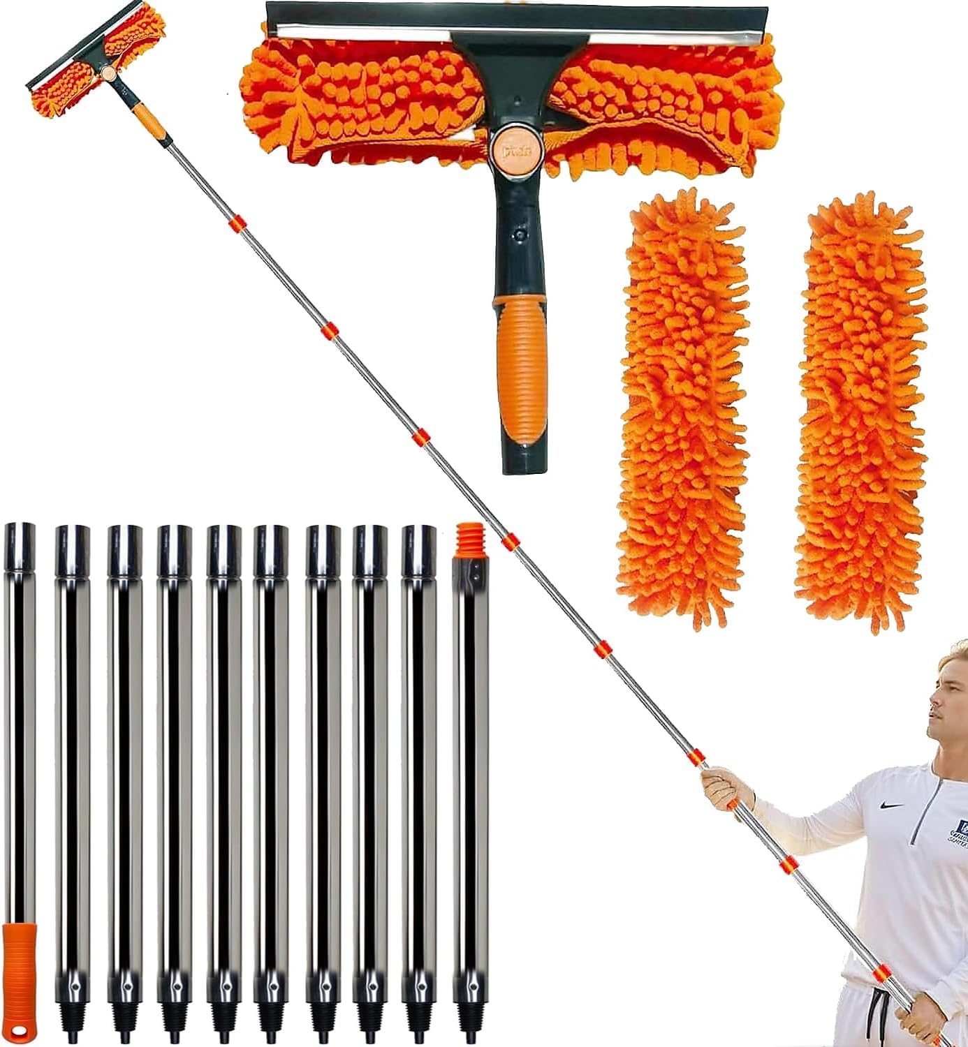 20+ Foot Reach 2 in 1 Window Washing Squeegee with 3-13 ft Support & Free Installation Extension Pole - Window Cleaning Tool for Home Indoor & Outdoor Use