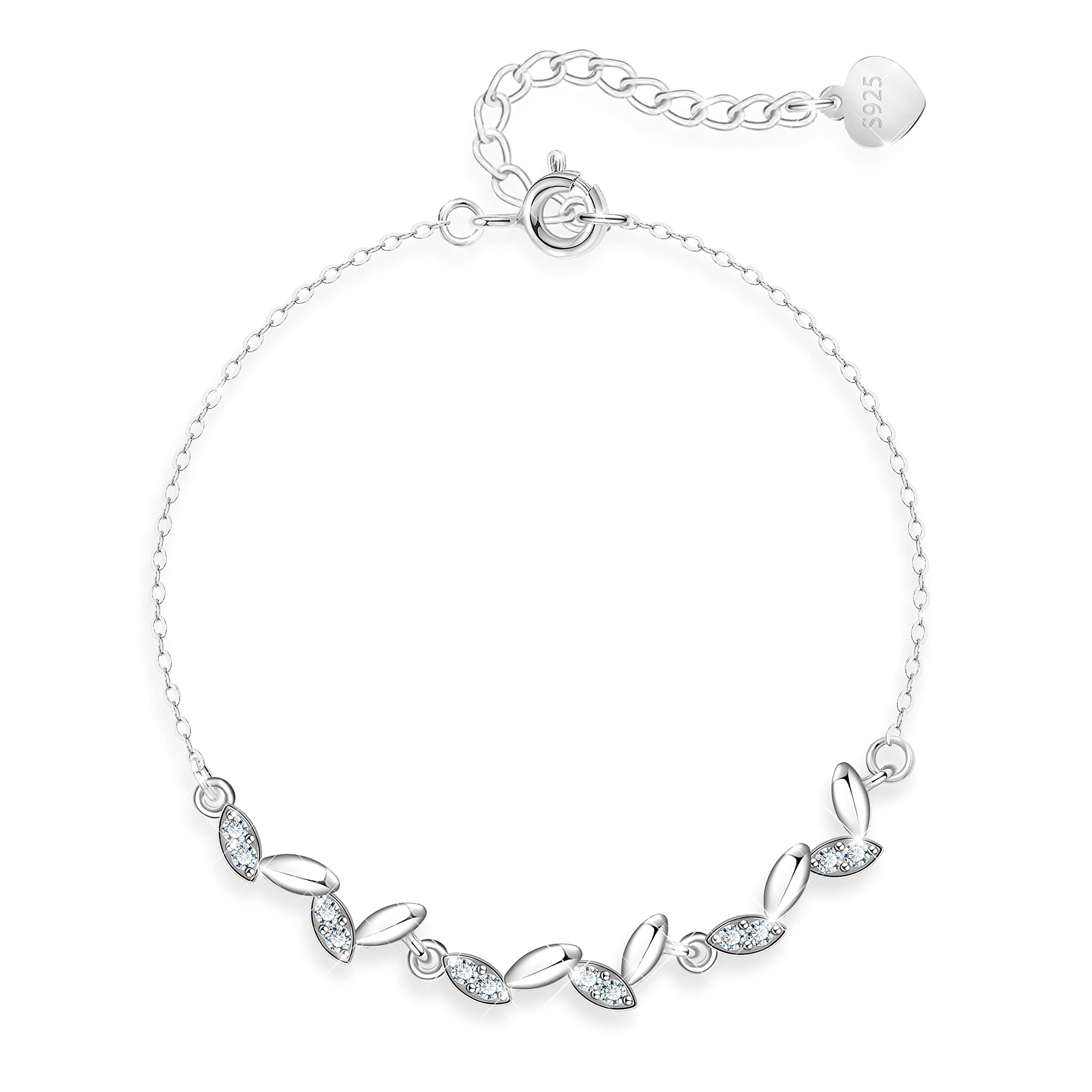 KristLand Leaf Bracelet 925 Sterling Silver Bracelet White Gold Plated Adjustable Silver Chain Bracelet with Cubic Zirconia Party Birthday Gift for Women Ladies Girl