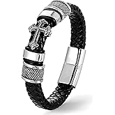 Qoncosy Leather Cross Bracelet for Men, Genuine Leather Wristband with Stainless Steel Cross Charm, Jesus Bracelets for Men