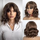 NOBLE Bob Wig with Bangs 12 Inches Synthetic Wavy Bob Wigs for Women Natural Looking Short Brown Wig Heat Resistant Fiber Hair for Daily Party Use