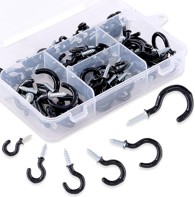 Swpeet 100Pcs Black 6 Sizes Cup Hooks Kit, Vinyl Coated