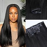 Yaki Straight Seamless Human Hair Clip in Extensions Full Max with 100% Real Soft Human Remy Human Hair Yaki Straight Clip Ins 7Pcs Per Set Natural Black (Yaki Stright, 16Inch)